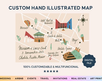 Custom Hand Illustrated Map, Wedding Invitation, Save the Date, City map, Itinerary, Event Map, Personalized- Any Location| Printable File