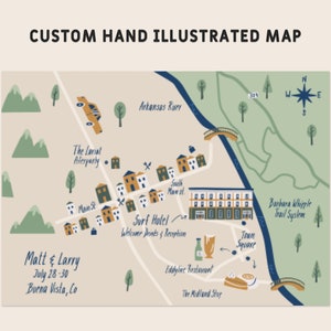 Carte illustrée à la main personnalisée de n’importe quel lieu, événement, camp, ville, Airbnb, impression téléchargeable - N’importe quelle taille (3 emplacements)
