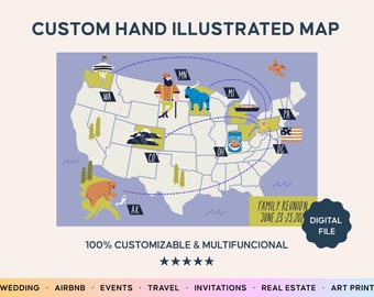 Custom Hand-Illustrated Map: Wedding, Travel, Anniversary (Digital File)