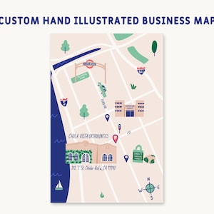 Indywidualna ręcznie ilustrowana mapa biznesowa, mapa miejsc, mapa powitalna, trasa, mapa wydarzeń - dowolna lokalizacja i rozmiar (6 lokalizacji) | Plik do druku