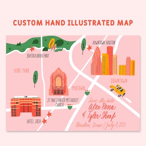 Aangepaste handgeïllustreerde kaart van elke plaats, bruiloft, evenement, Airbnb, downloadbare print - elke grootte (6 locaties)