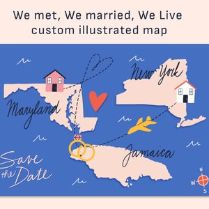 Personalizado Nos conocimos, Nos casamos, Vivimos Relación Mapa ilustrado a mano, Senderos de amor / Postal 4 x 6, Impresión descargable