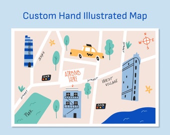 Custom Hand Illustrated Map of any Place, Wedding, Event, Airbnb, Downloadable Print -  Any Size