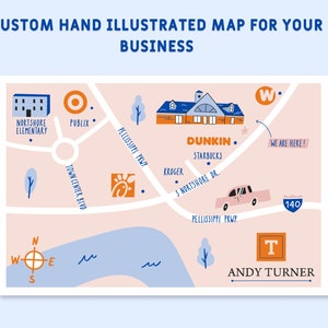 Custom Hand Illustrated Business Map, Place Map, Welcome Map, Itinerary, Event Map - Any Location and Size | Printable File