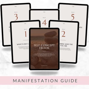 May include: A collection of digital tablet screens displaying a 14-day self-concept ebook. The central screen features a stack of smooth stones with the text Self Concept Ebook and Calmingwell. Surrounding screens show daily lesson pages numbered 1 through 5 with minimalist typography and beige backgrounds.
