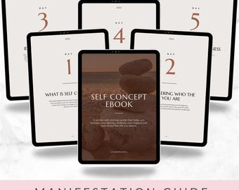 Op de afbeelding: Een verzameling digitale tabletschermen met een 14-daags zelfconcept-e-book. Het centrale scherm toont een stapel gladde stenen met de tekst Self Concept Ebook en Calmingwell. De omliggende schermen tonen dagelijkse lespagina's genummerd van 1 tot 5 met minimalistische typografie en beige achtergronden.