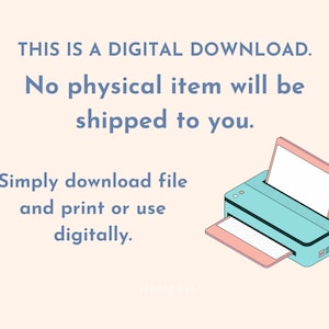 K&ouml;nnte beinhalten: Illustration eines blauen Druckers mit einer rosa Papierkassette. Der Text lautet "Dies ist ein digitaler Download. Es wird kein physischer Artikel an Sie versandt. Laden Sie einfach die Datei herunter und drucken Sie sie aus oder verwenden Sie sie digital."