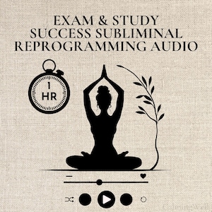 May include: Black silhouette of a person in a yoga pose with arms raised, set against a beige background. The text "EXAM & STUDY SUCCESS SUBLIMINAL REPROGRAMMING AUDIO" is at the top. A stopwatch icon shows "1 HR".