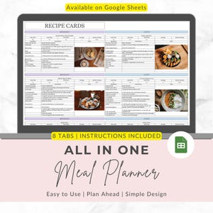 Meal Planner Spreadsheet Recipe Organizer Grocery List Pantry Tracker Budget Tool Google Spreadsheets Weekly Menu Planning System Food Prep