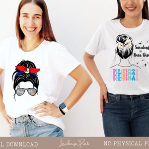 May include: Two white t-shirts with a graphic design of a woman with a messy bun and a red, white, and blue ribbon. The text on the shirt says "Sunday = Bun Day" and "Pilipinas".