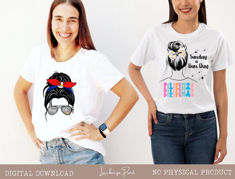 May include: Two white t-shirts with a graphic design of a woman with a messy bun and a red, white, and blue ribbon. The text on the shirt says "Sunday = Bun Day" and "Pilipinas".