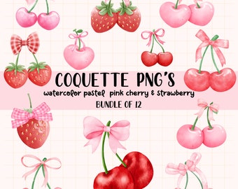 Clipart PNG de cereza y fresa rosa: Lazos de acuarela pastel (Descarga digital)