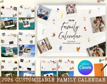 2026 Canva Family Calendar Template, Digital Download, Customizable Canva Calendar, Editable Canva Photo Calendar
