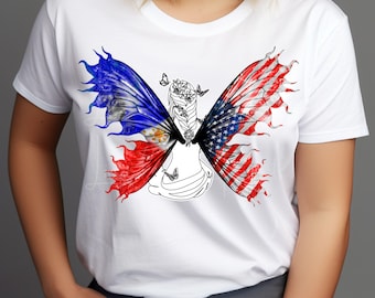 Banderas de EE. UU. y Filipinas (SVG), arte de pared PNG con alas de hada y banderas filipinas y estadounidenses, arte imprimible con banderas de Estados Unidos y Filipinas.