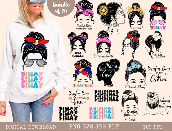 Philippines Messy Bun Girl Pinay SVG PNG: Filipino Flag Shirt Designs (Digital Download)