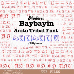 Puede incluir: Un diseño digital con las palabras "Modern Baybayin Anito Tribal Font" en negro, con la palabra "Pilipinas" debajo en azul. El fondo es blanco con caracteres de fuente tribal rojos y azules. Incluye "TTF FILES".