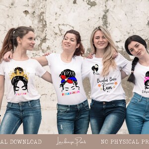 May include: Four women wearing white t-shirts with different designs featuring a woman with a bun hairstyle. The designs include the text "Filipina", "Pinay Mom", "Bruha Bun Having Fun", and "Filipina Roots".