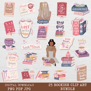 Pastel Bookish PNG Files, Book Lover Coquette PNG, Trendy Bookworm Cliparts for Bookmark, Sticker, Shirt Designs, Gift for Book Lovers Png