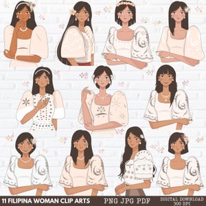 May include: Eleven digital illustrations of Filipina women wearing traditional Filipiniana dresses with various floral and lace patterns. The women have different hairstyles and accessories, including flowers, pearl earrings, and necklaces. The background is a white brick wall with pink and white stars.