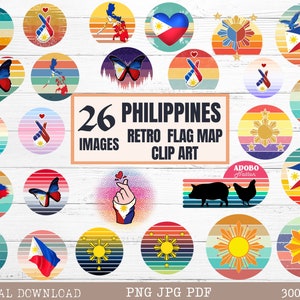Camiseta con la bandera de Filipinas, mapa filipino, clipart PNG, paquete imprimible de 26, retro, atardecer, bandera de Filipinas, mapa, artes, arte filipino pinoy, PNG, digital