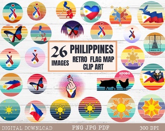 Imágenes prediseñadas del mapa de la bandera de Filipinas: Arte filipino con atardecer retro (PNG, JPG, PDF)