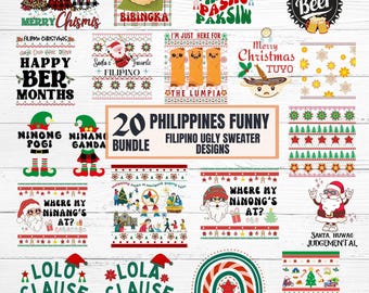 Paquete de 20 diseños de suéteres feos filipinos divertidos, imágenes prediseñadas SVG de camisetas navideñas de Filipinas para imprimir, suéteres feos navideños pinoy divertidos