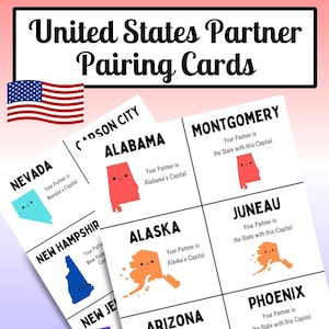 Cartes de jumelage des capitales des États-Unis, Cartes de jumelage des partenaires, Cinquante États, Apprendre les 50 États, Capitales des États, Cartes de correspondance, PDF