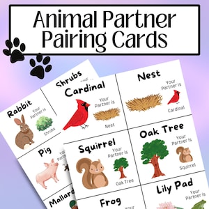 Partnerpaarkarten, Tierthemen, 30 Karten, Paarung von Tieren und Habitaten, Gruppenpaarung und Matching-Karten, für das Klassenzimmer, PDF