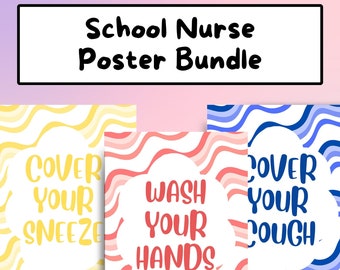 May include: Three colourful posters with wavy patterns and white clouds. The posters have the following text: "Cover your sneeze", "Wash your hands", and "Cover your cough".