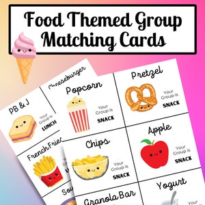 Cartes assorties de groupe, Association de groupes et cartes assorties, pour la salle de classe, sur le thème de la nourriture, 30 cartes avec 5 panneaux de groupe, imprimables, PDF