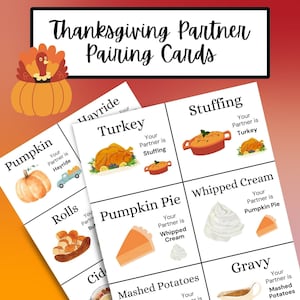 Cartes d'appariement de partenaires sur le thème de Thanksgiving, cartes d'appariement et d'appariement de groupe, activité, automne, vacances, pour salle de classe, 30 cartes, PDF