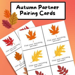 Cartes d'appariement de partenaires sur le thème de l'automne, thème de l'automne, cartes assorties, feuilles d'automne, rentrée scolaire, gestion de classe, travail de groupe, PDF