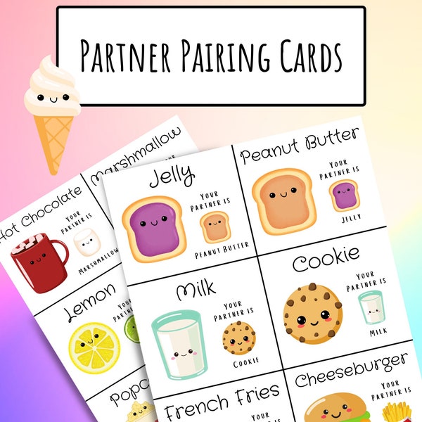 Partner Pairing Cards, Group Pairing and Matching Cards, for Classroom, Food Themed, 30 Cards, PDF