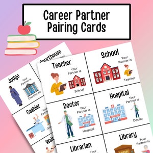 Partnerkoppelingskaarten met carrièrethema, groepskoppelings- en matchingkaarten, voor klaslokaal, carrièredag, gemeenschapshelpers, 30 kaarten, PDF