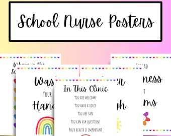 May include: Four printable posters for a school nurse's office. Each poster features a rainbow and a message. The first poster says "Wash Your Hands". The second poster says "In This Clinic You Are Welcome You Have A Voice You Are Safe You Can Ask Questions Your Health Is Important". The third poster says "Welcome To The School Nurse". The fourth poster says "Spread Kindness It Matters".