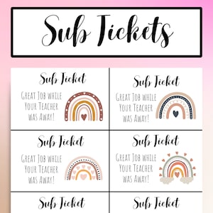 Sub Tickets, Boho, Substitute Tickets, Good Behavior Reward Tickets, Boho Rainbow, Lehrer Ressourcen, printable, 8 Designs, PDF