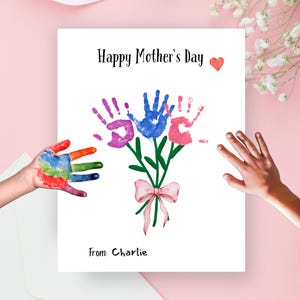 Mother&#39;s Day Handprint Card, Flower Handprint Craft, To Mom from Kids, To Grandma from Grandkids, Mother&#39;s Day Gift for Mom from Kids