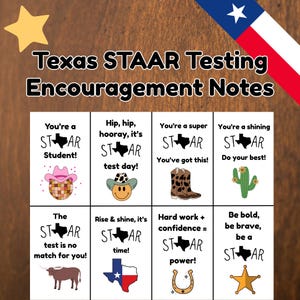 Uppmuntransanteckningar för STAAR-testning, utskrivbara mellanmålsetiketter för STAAR-testning med Texas-tema, utskrivbara anteckningar för testning, testmotivation, STAAR-testdag