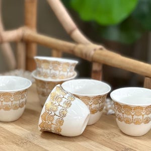 Vintage Arabic Coffee Cup Cawa Qahwa Cup Gold White Ceramic Sake Set of 6