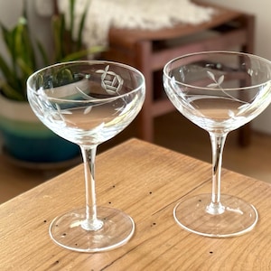 Vintage Floral Etched Coupe Glass, Tall Champagne, Martini Glasses, Floral Cocktail Glass, Nick & Nora, Set of 2