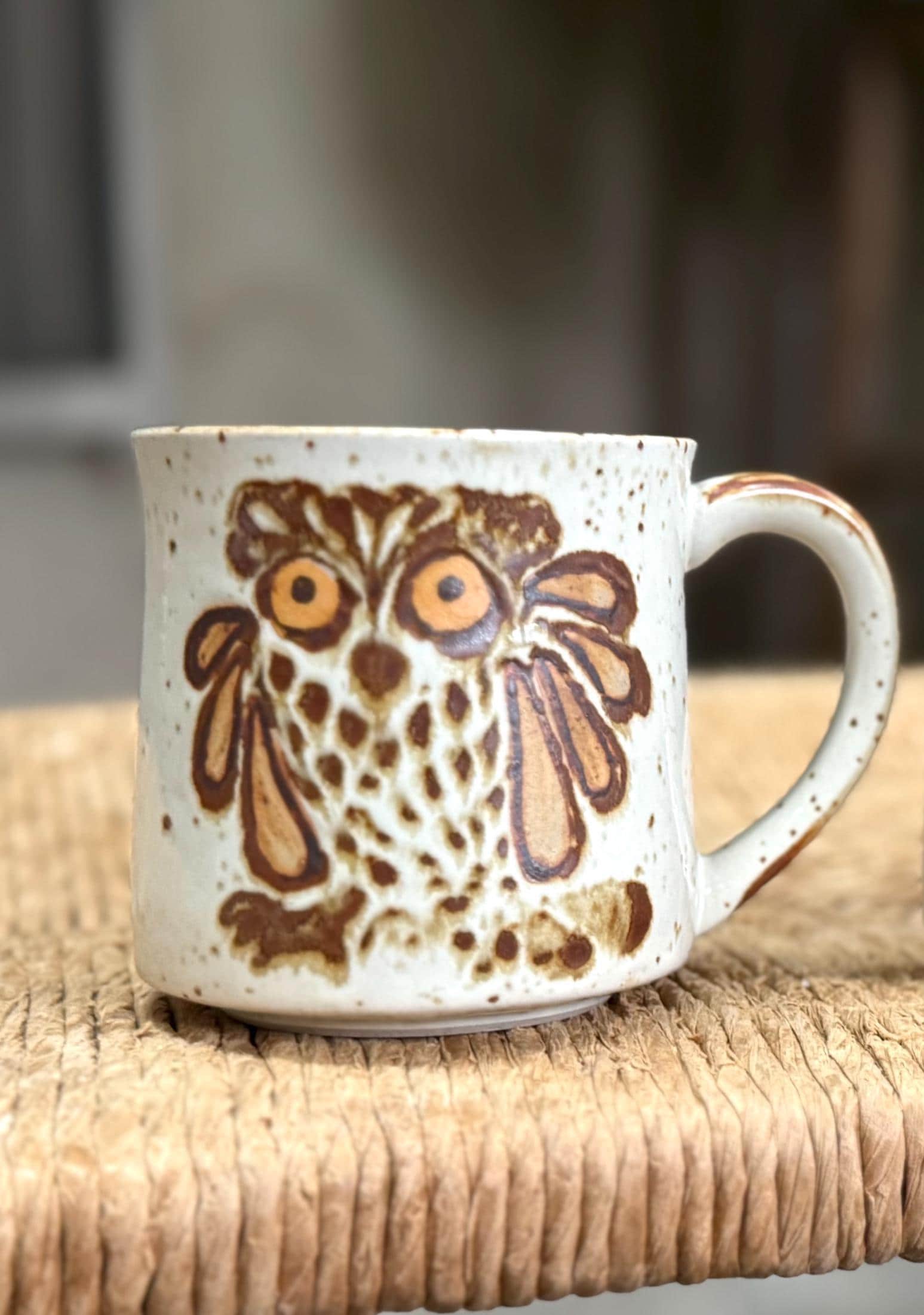 Vintage MCM Owl Mug, Speckled Stoneware Pottery, Owl, Coffee Cup, Mug, Single Mug