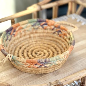 Vintage Hand Woven Natural Coiled Southwestern Handled Bowl Shallow Basket