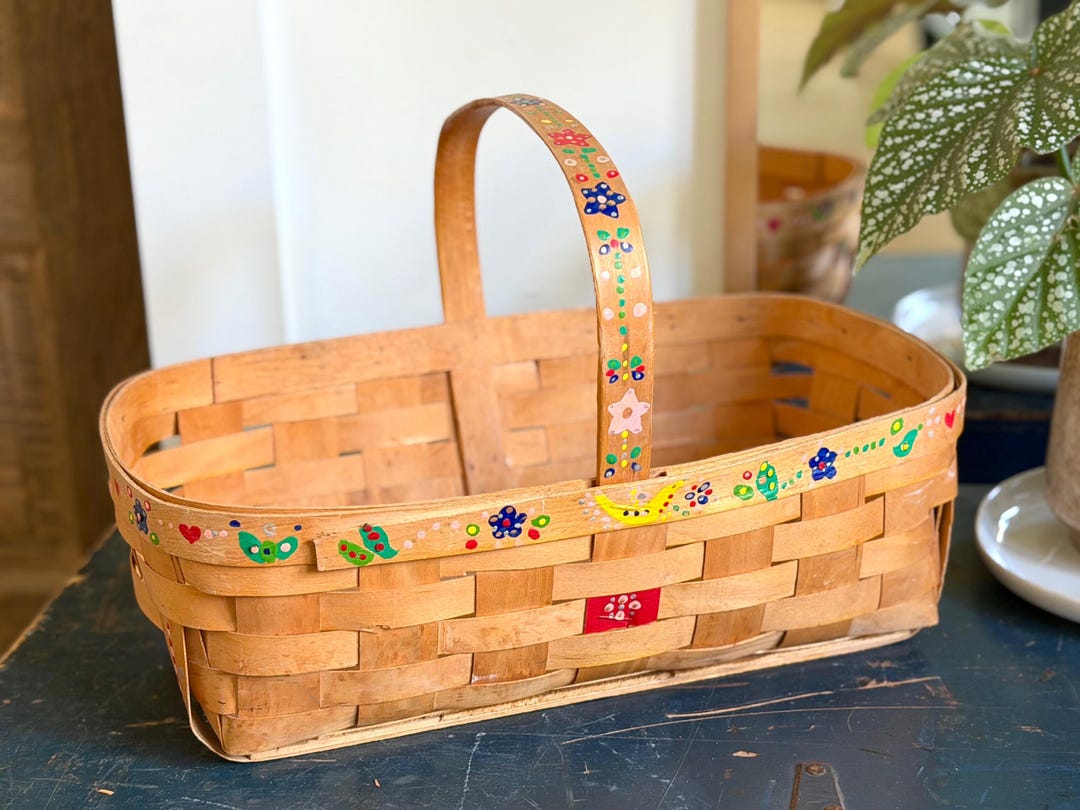 RARE Vintage Handwoven Handpainted Handled Basket Folk Art Floral ...