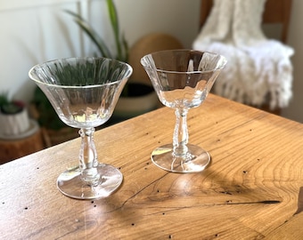 Vintage Fostoria Silver Flutes Coupe Glasses, Hand-Blown Optic Glass, Paneled, Beaded Stem #6037, Set of 2