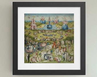 May include: A framed print of a painting depicting a crowded scene with many figures, a large blue pond, and a green landscape. The painting is in a black frame.