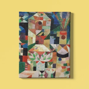 以下が含まれることがあります： 赤、緑、青、黄、黒など、さまざまな色の幾何学的な形をした抽象画。絵画の中心には、赤い屋根と黒い窓のある家のモチーフが描かれている。