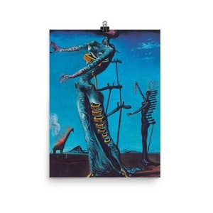 May include: A surrealist painting by Salvador Dalí depicting a woman with a long, flowing blue dress and a giraffe in the background. The woman is standing on a platform with several long, thin poles extending from it. The painting is set against a blue sky with clouds.