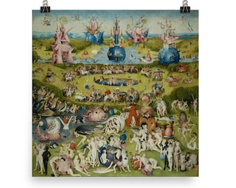 May include: A detailed painting depicting a fantastical landscape with a multitude of figures and creatures. The scene is filled with vibrant colors, including greens, blues, and reds. The painting is a complex and intricate work of art, with many details to explore.