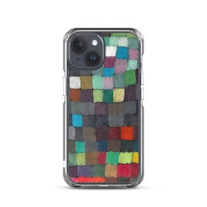 May include: Clear phone case with a colorful abstract design. The design features a mosaic of squares in various colors, including green, blue, red, and purple. The case is designed to fit a smartphone and protect it from damage.