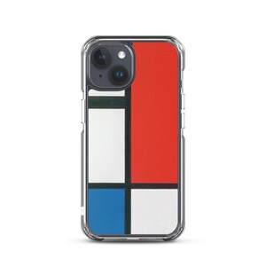May include: A clear phone case with a geometric design featuring red, blue, white, and black squares. The case has a cutout for the camera lens.